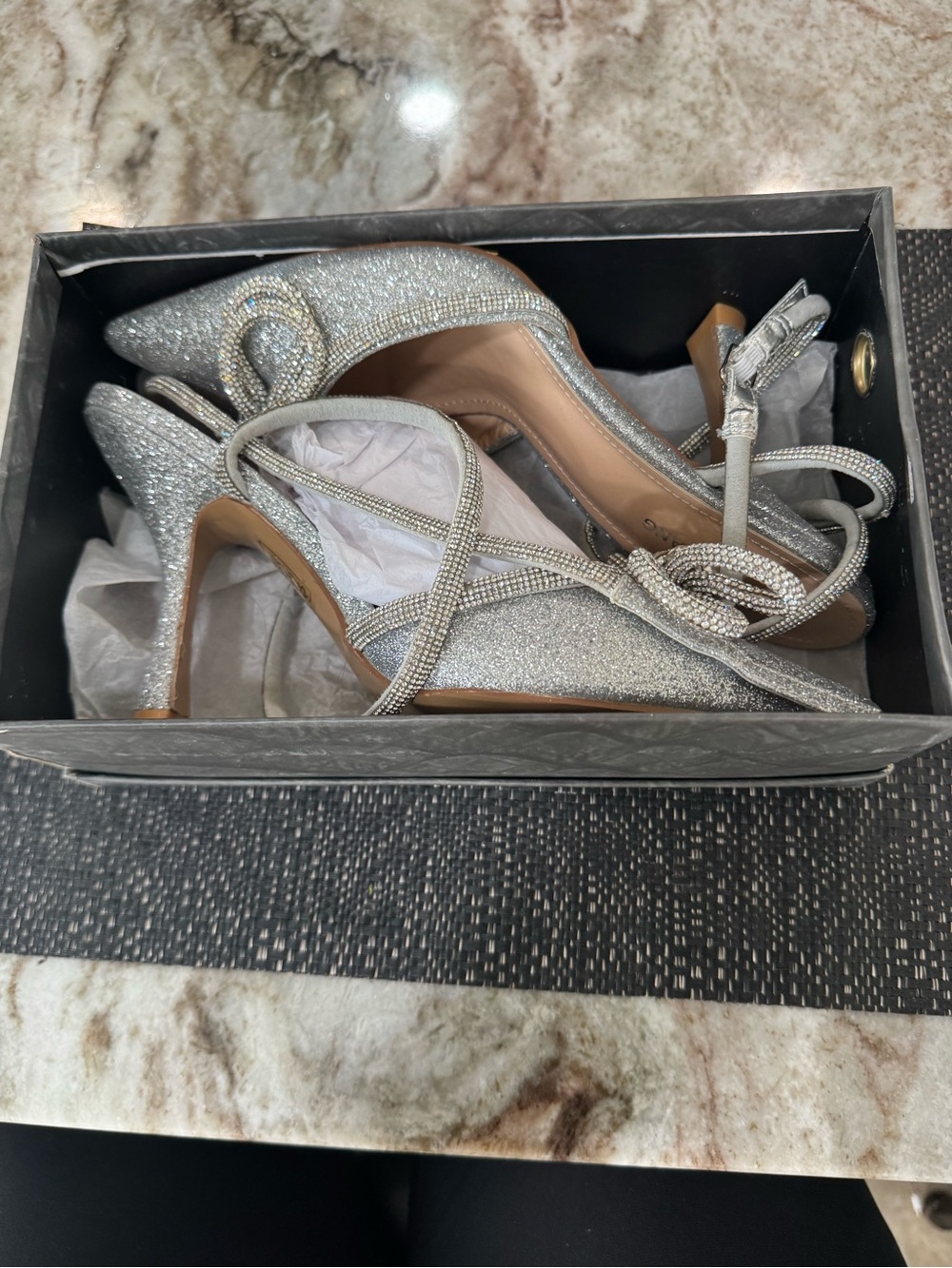 Azalea Wang, Silver Glitter Pointed Toe Ankle Tie Heels